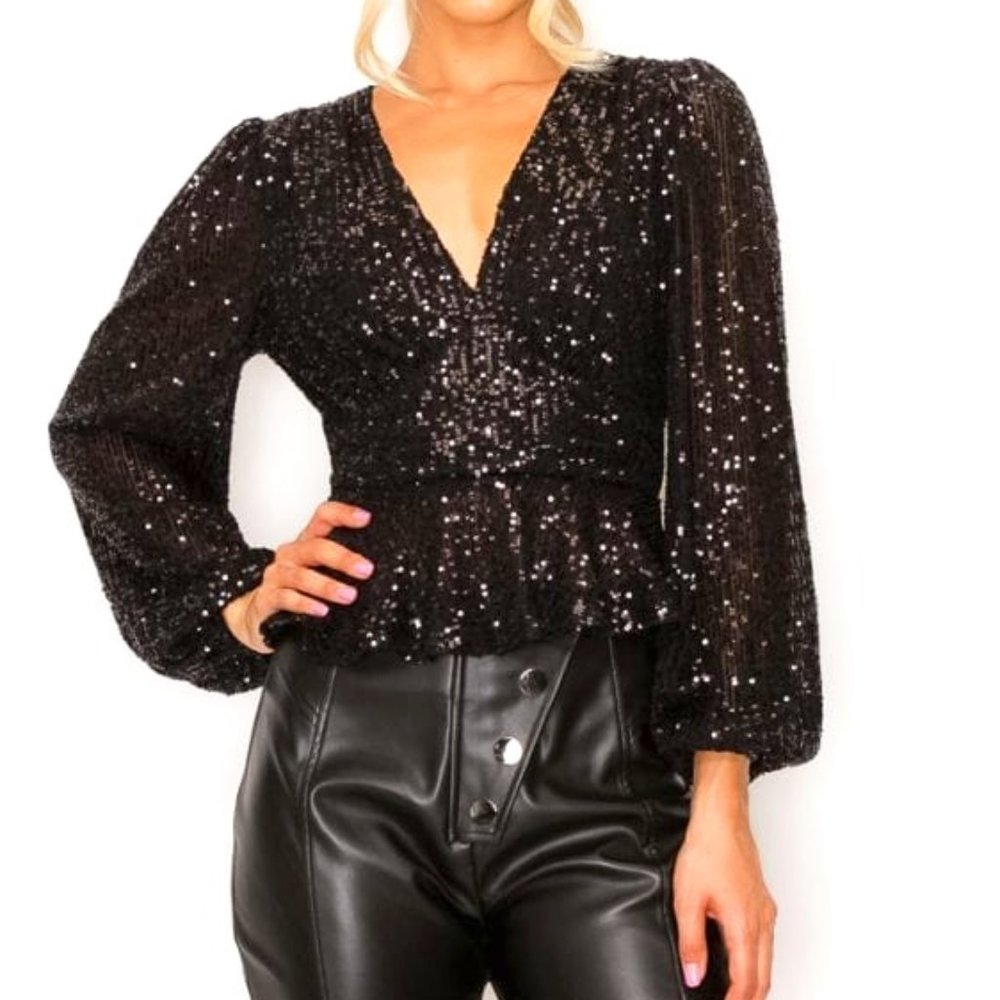 Long Sleeve V-Neck Sequin Top